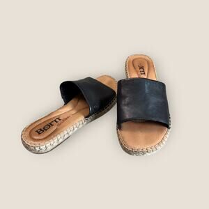 Born drilles San Benito Womens 7M Black Leather Espadrille Flat Slide Sandals